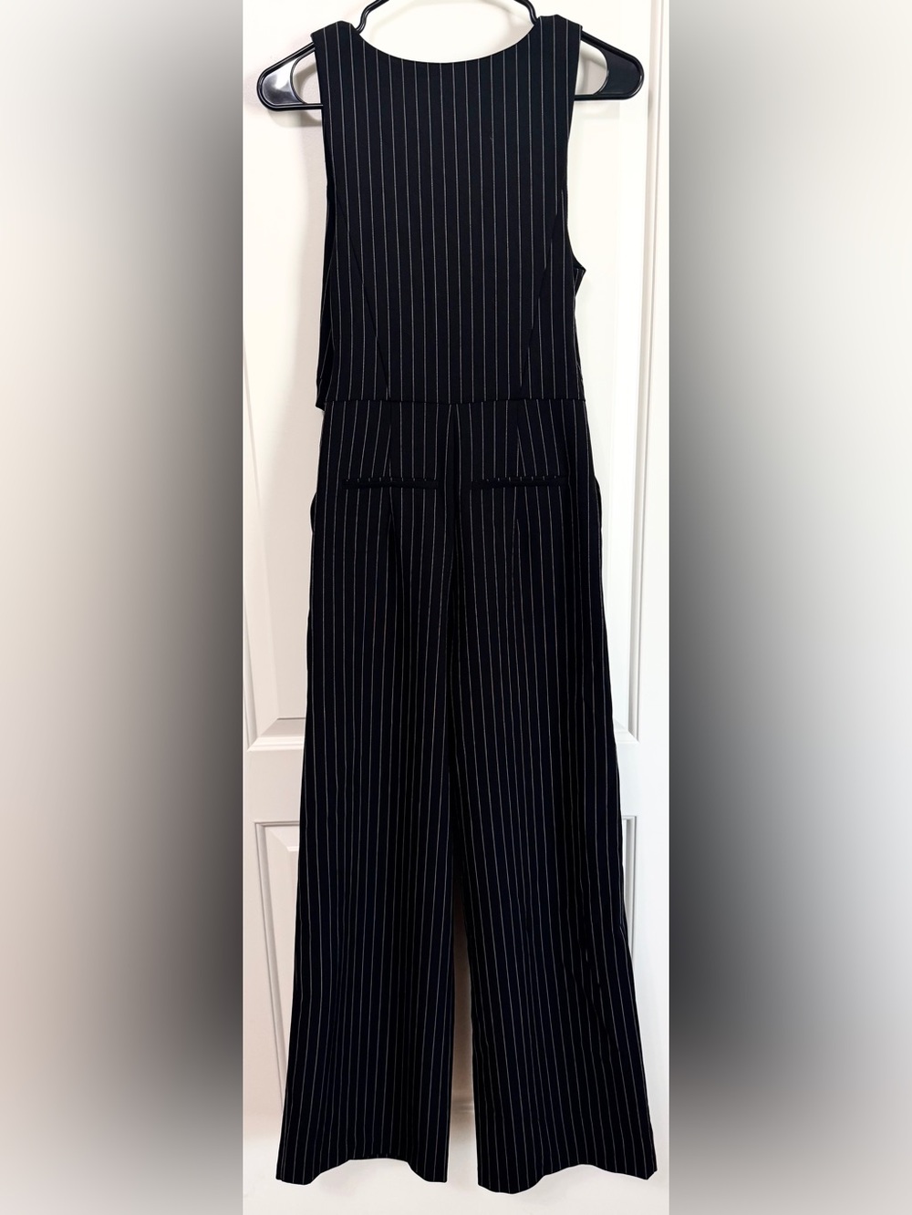 Express Pinstripe Tailored Vest Wide Leg Jumpsuit Black White Size 2 - Picture 5 of 13